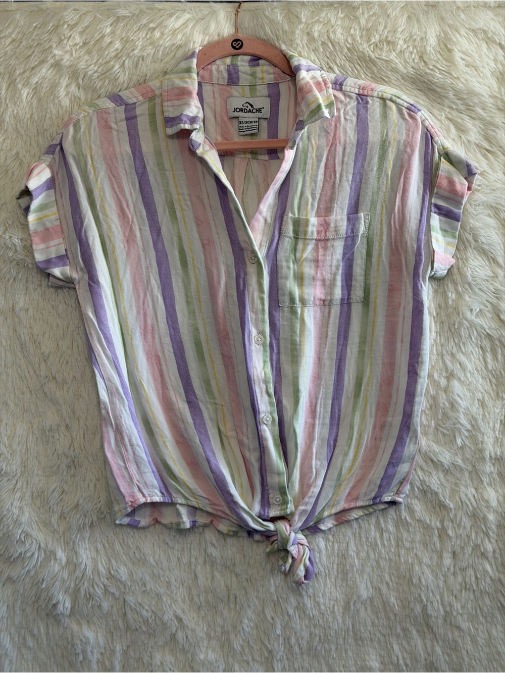 Jordache Womens Pastel Striped Button Up Shirt Size XS White Multi VSCO Coastal